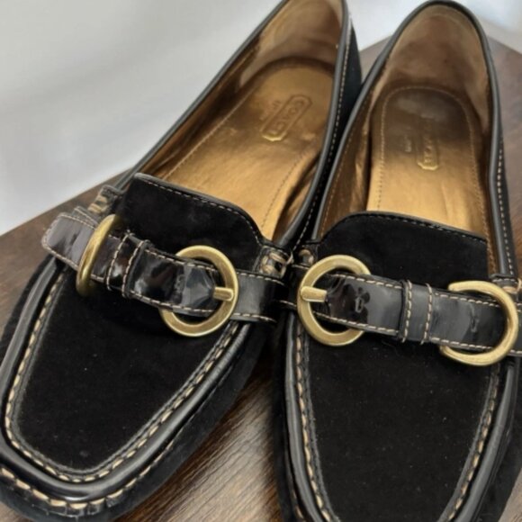 Coach Black Leather Loafer Flats Buckle Accent Slip-On Square Toe - Picture 3 of 5